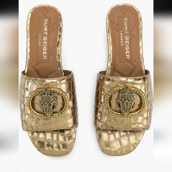 Kurt Geiger Gold Croc-Texture Slide Mules with Embellished Medallion.  New - Picture 4 of 15